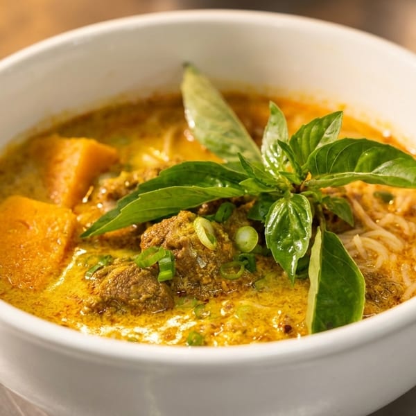 A white bowl filled with yellow curry, noodles, meat, pumpkin, and fresh basil.