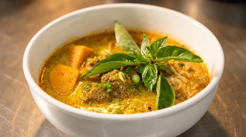 Close-up of a bowl of yellow curry with noodles, meat, pumpkin, and fresh basil.