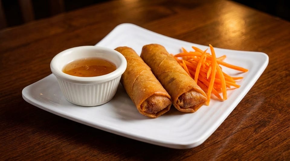 Two crispy spring rolls, a side of shredded carrots, and a small dish of dipping sauce.