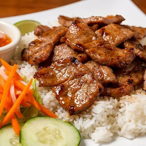 Grilled pork slices over white rice, with a side salad, cucumber, and dipping sauce.
