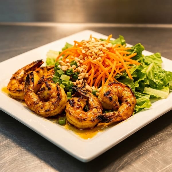 Grilled shrimp with a side salad of lettuce, shredded carrots, chopped peanuts, and green onions.