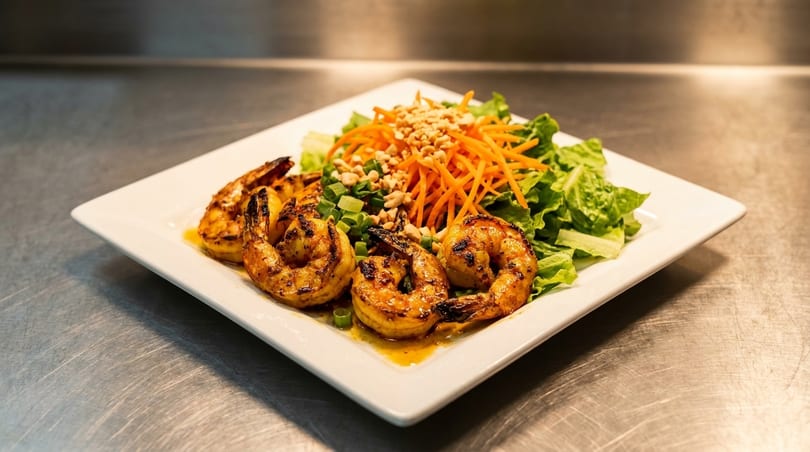 Grilled shrimp with a side salad of lettuce, shredded carrots, chopped peanuts, and green onions.