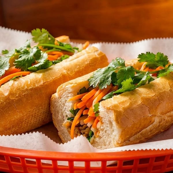Two Vietnamese banh mi sandwiches with carrots, cilantro, and meat in a red basket.
