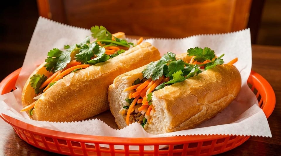 Two Vietnamese banh mi sandwiches with carrots, cilantro, and meat in a red basket.